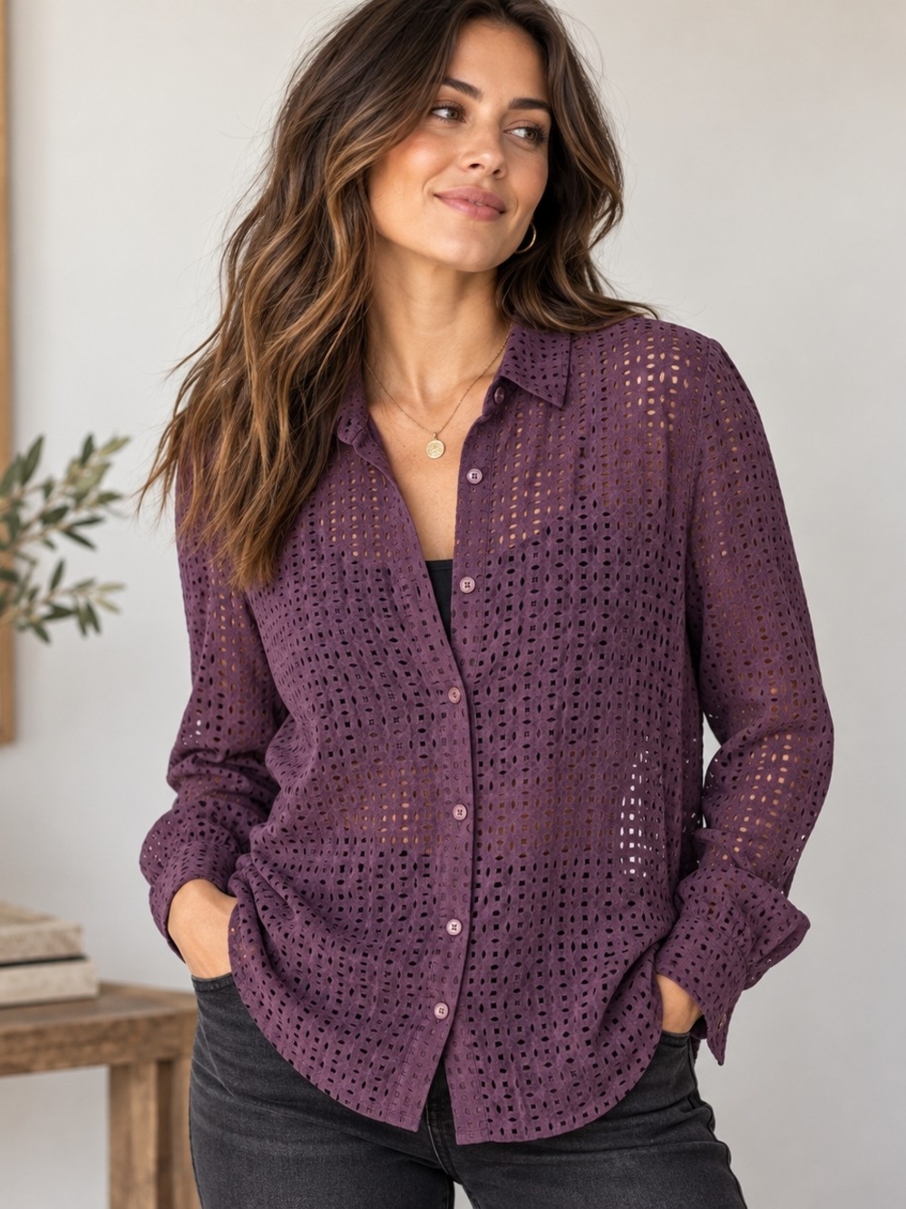 Ecru 100% Silk Purple Cutout Eyelet Button Down Shirt Blouse L Sheer Artsy